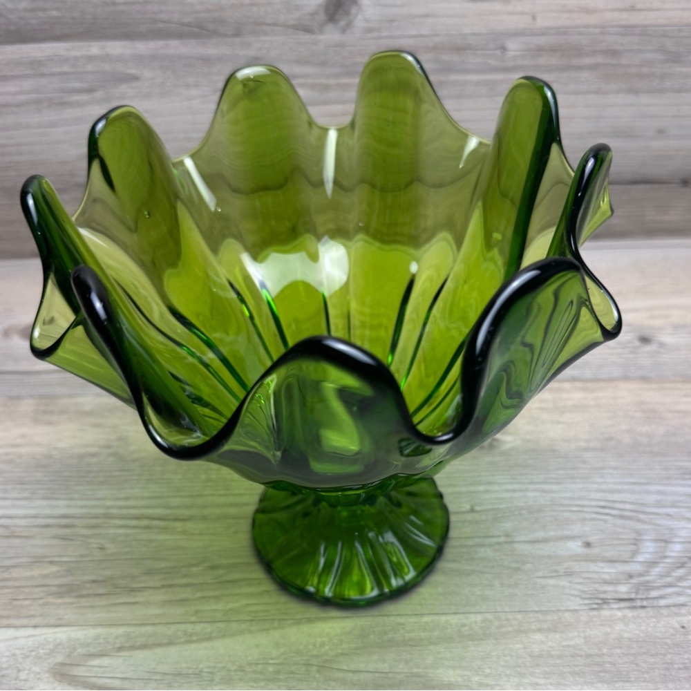 Vintage Green Glass LE Smith Handkerchief Footed Compote - Picture 4 of 8